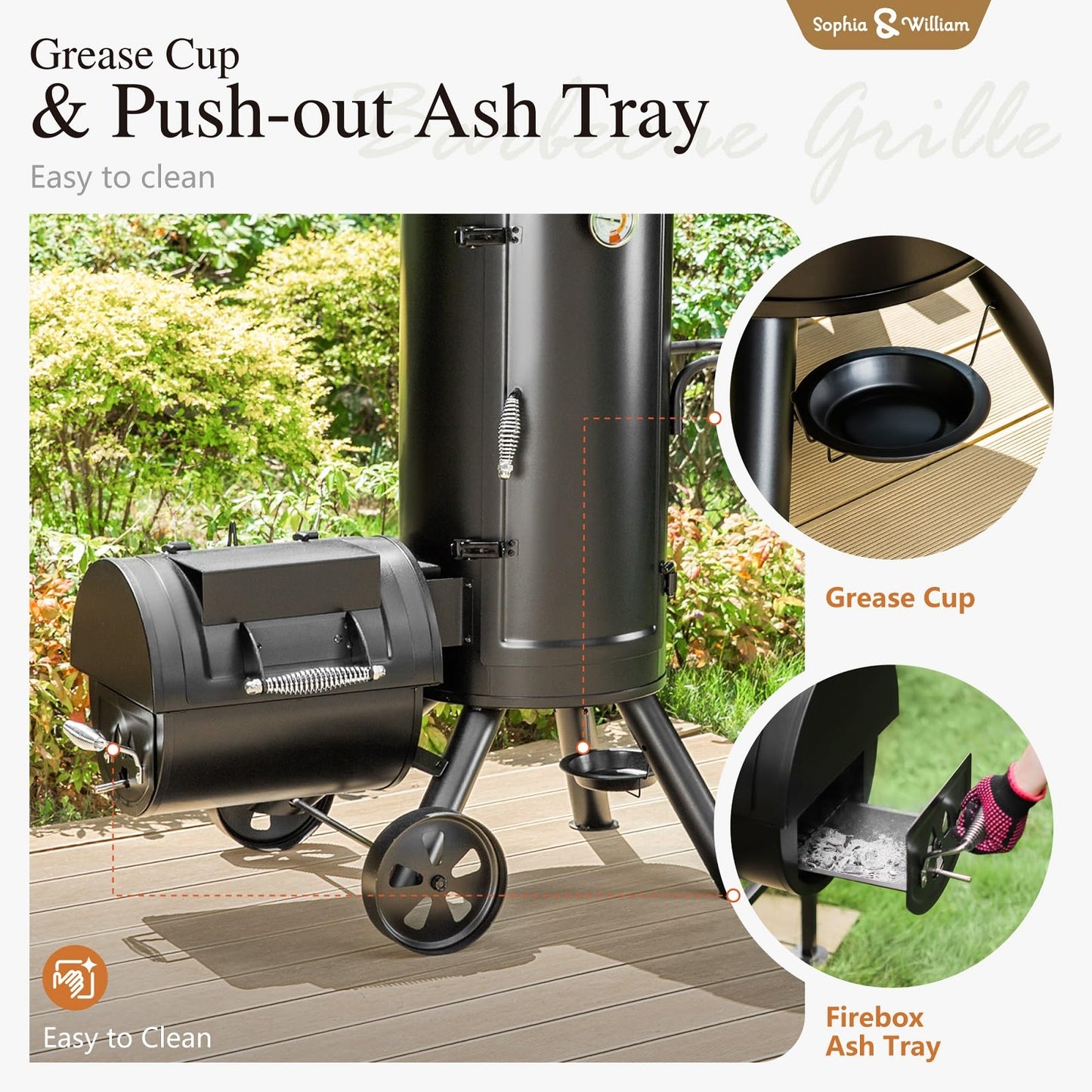 Sophia & William Heavy-Duty Vertical Offset Charcoal Smoker Extra Large Outdoor BBQ Gill with Offset Smoker, 961 SQ.IN. Cooking Area with Warming Tray,Push-out Ash Tray for Event Gathering, Black - CookCave
