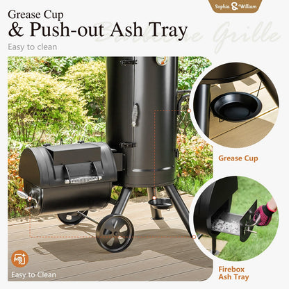 Sophia & William Heavy-Duty Vertical Offset Charcoal Smoker Extra Large Outdoor BBQ Gill with Offset Smoker, 961 SQ.IN. Cooking Area with Warming Tray,Push-out Ash Tray for Event Gathering, Black - CookCave