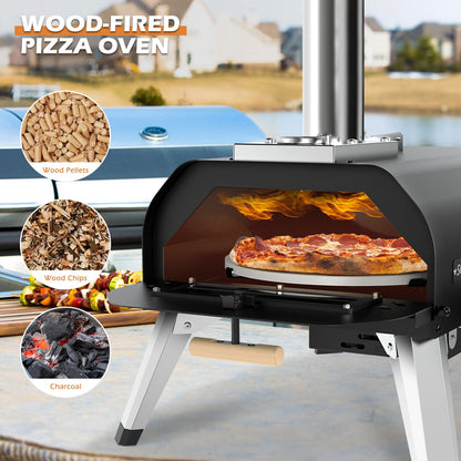 Sounday Pizza Oven Outdoor, 12" Pellet Outdoor Pizza Oven with 360°Auto Rotating Pizza Stone, Built-in Thermometer, Portable Wood Fired Pizza Maker with Pizza Cutter, Peel, Backing Paper & Carry Bag - CookCave