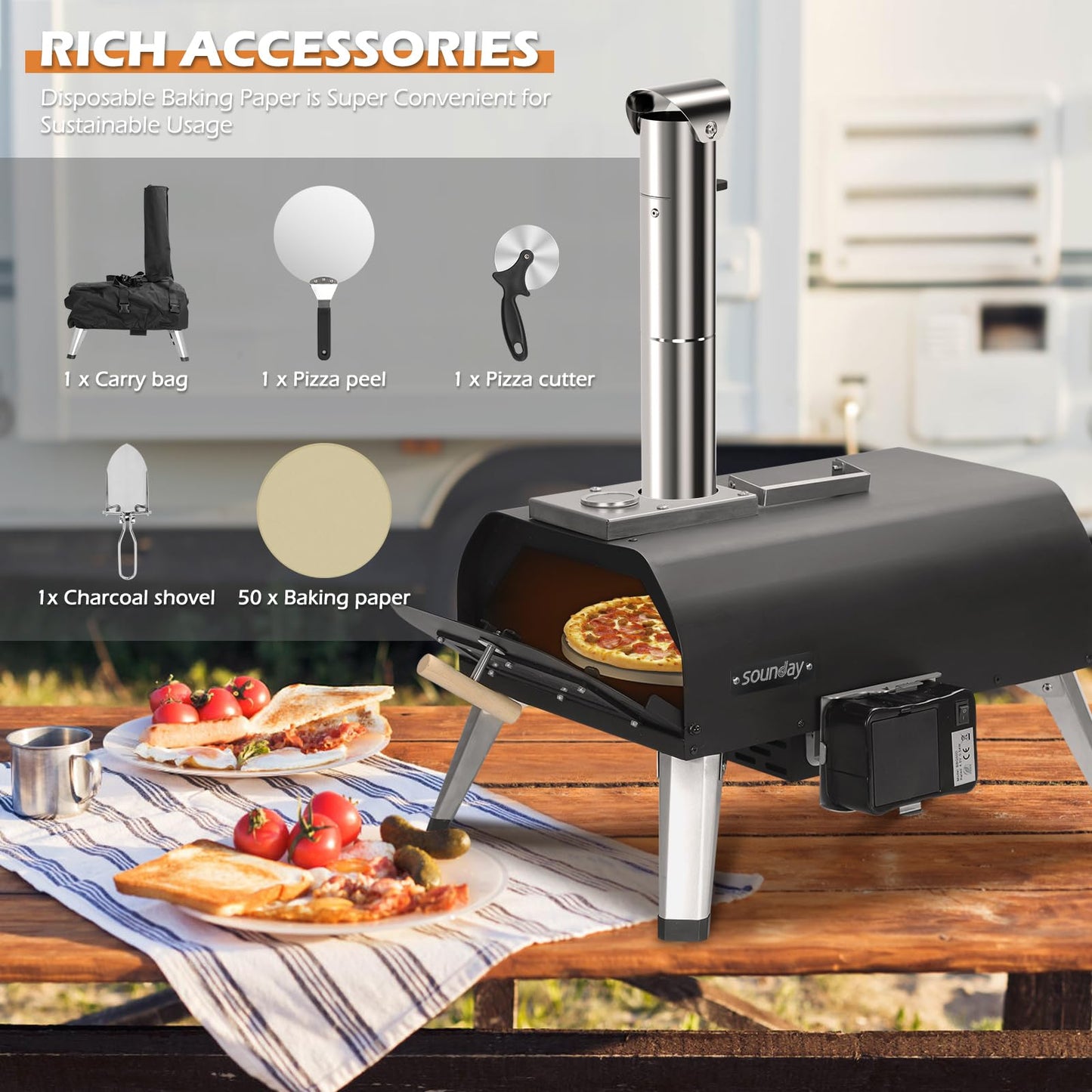 Sounday Pizza Oven Outdoor, 12" Pellet Outdoor Pizza Oven with 360°Auto Rotating Pizza Stone, Built-in Thermometer, Portable Wood Fired Pizza Maker with Pizza Cutter, Peel, Backing Paper & Carry Bag - CookCave