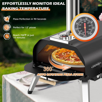 Sounday Pizza Oven Outdoor, 12" Pellet Outdoor Pizza Oven with 360°Auto Rotating Pizza Stone, Built-in Thermometer, Portable Wood Fired Pizza Maker with Pizza Cutter, Peel, Backing Paper & Carry Bag - CookCave