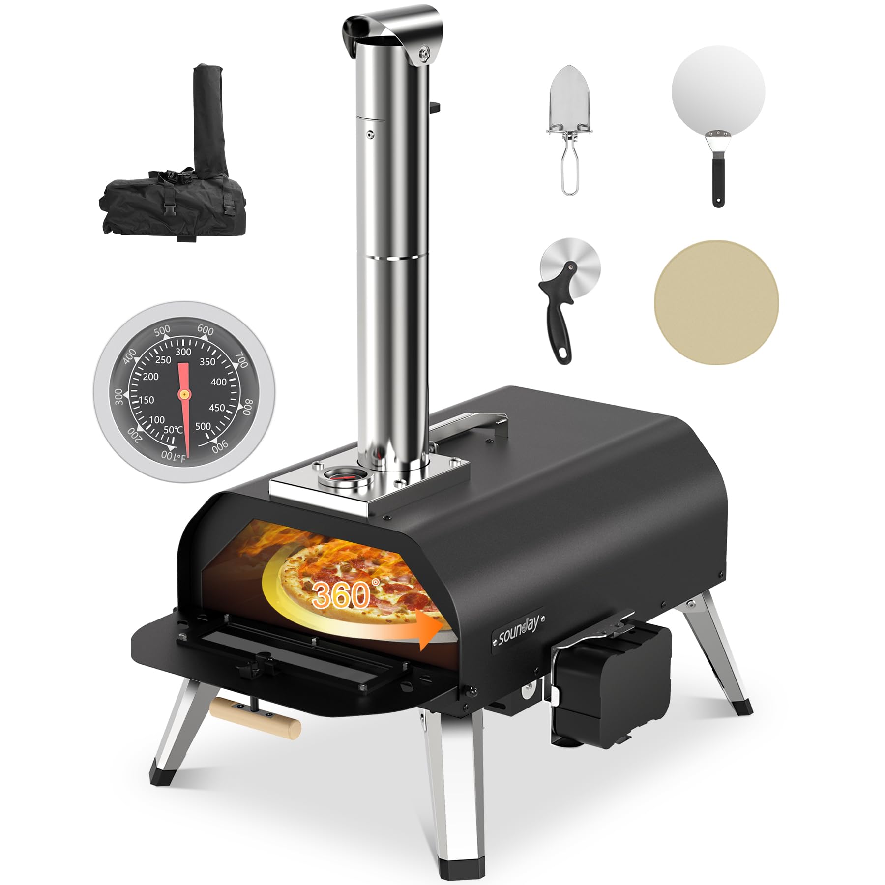 Sounday Pizza Oven Outdoor, 12" Pellet Outdoor Pizza Oven with 360°Auto Rotating Pizza Stone, Built-in Thermometer, Portable Wood Fired Pizza Maker with Pizza Cutter, Peel, Backing Paper & Carry Bag - CookCave