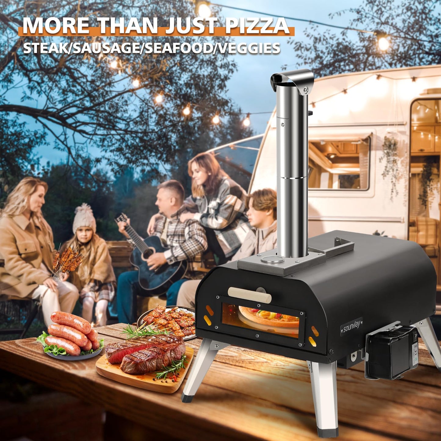 Sounday Pizza Oven Outdoor, 12" Pellet Outdoor Pizza Oven with 360°Auto Rotating Pizza Stone, Built-in Thermometer, Portable Wood Fired Pizza Maker with Pizza Cutter, Peel, Backing Paper & Carry Bag - CookCave