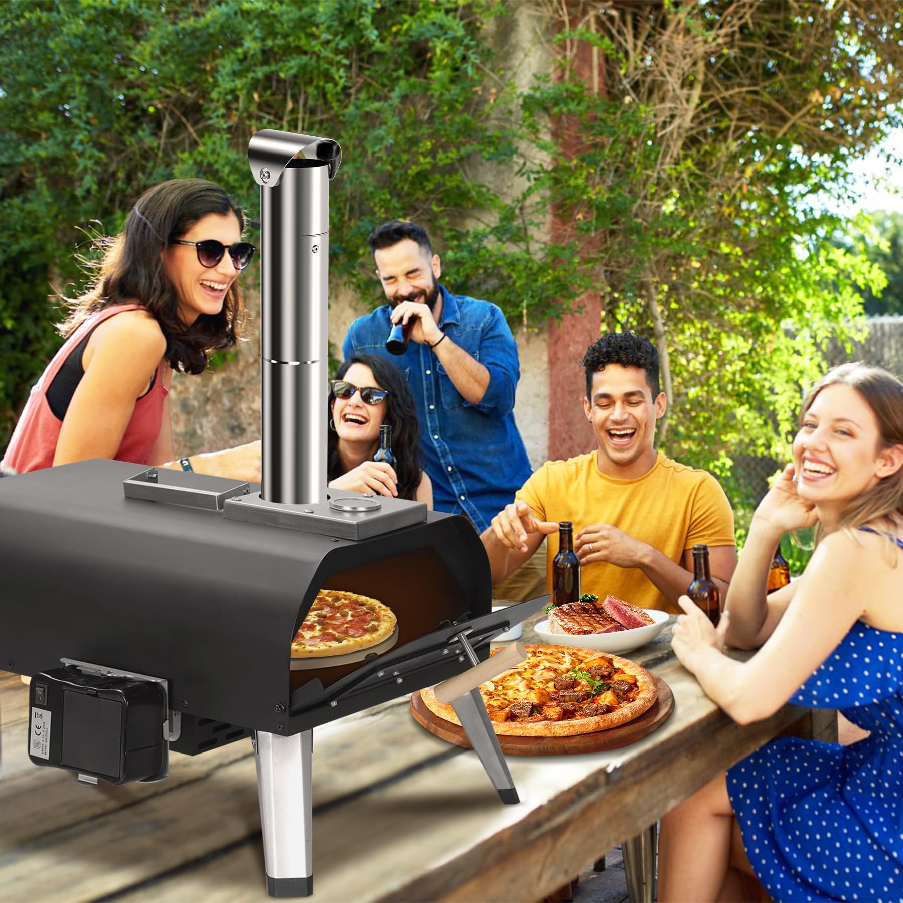Sounday Pizza Oven Outdoor, 12" Pellet Outdoor Pizza Oven with 360°Auto Rotating Pizza Stone, Built-in Thermometer, Portable Wood Fired Pizza Maker with Pizza Cutter, Peel, Backing Paper & Carry Bag - CookCave