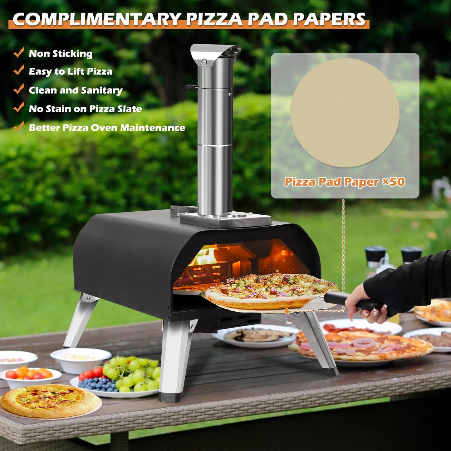 Sounday Pizza Oven Outdoor, 12" Pellet Outdoor Pizza Oven with 360°Auto Rotating Pizza Stone, Built-in Thermometer, Portable Wood Fired Pizza Maker with Pizza Cutter, Peel, Backing Paper & Carry Bag - CookCave