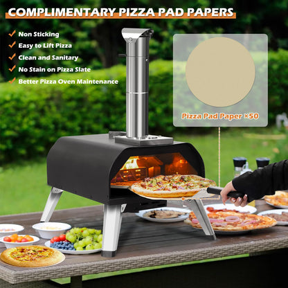 Sounday Pizza Oven Outdoor, 12" Pellet Outdoor Pizza Oven with 360°Auto Rotating Pizza Stone, Built-in Thermometer, Portable Wood Fired Pizza Maker with Pizza Cutter, Peel, Backing Paper & Carry Bag - CookCave