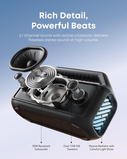 soundcore Boom 2 By Anker, Outdoor Speaker, 80W, Subwoofer, BassUp 2.0, 24H Playtime, IPX7 Waterproof, Floatable, RGB Lights, USB-C, Custom EQ, Bluetooth 5.3, Portable for Camping, Beach, and Backyard - CookCave