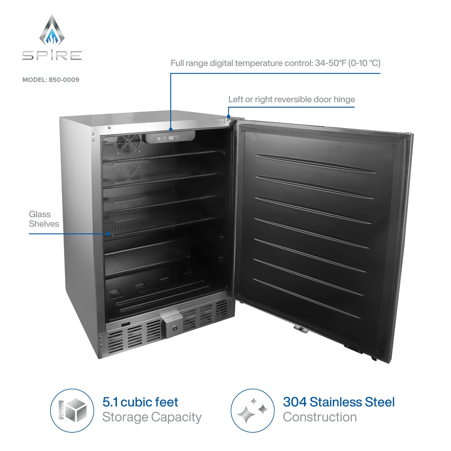 Spire 5.1 Cu.Ft. Compact Refrigerator with Premium Stainless Steel Exterior, Temperature Control 0 to 10°C, 4 Shelves, and Reversible Door - Big Mini Fridge for Outdoor, Kitchen, and More - 850-0009 - CookCave