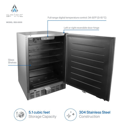 Spire 5.1 Cu.Ft. Compact Refrigerator with Premium Stainless Steel Exterior, Temperature Control 0 to 10°C, 4 Shelves, and Reversible Door - Big Mini Fridge for Outdoor, Kitchen, and More - 850-0009 - CookCave