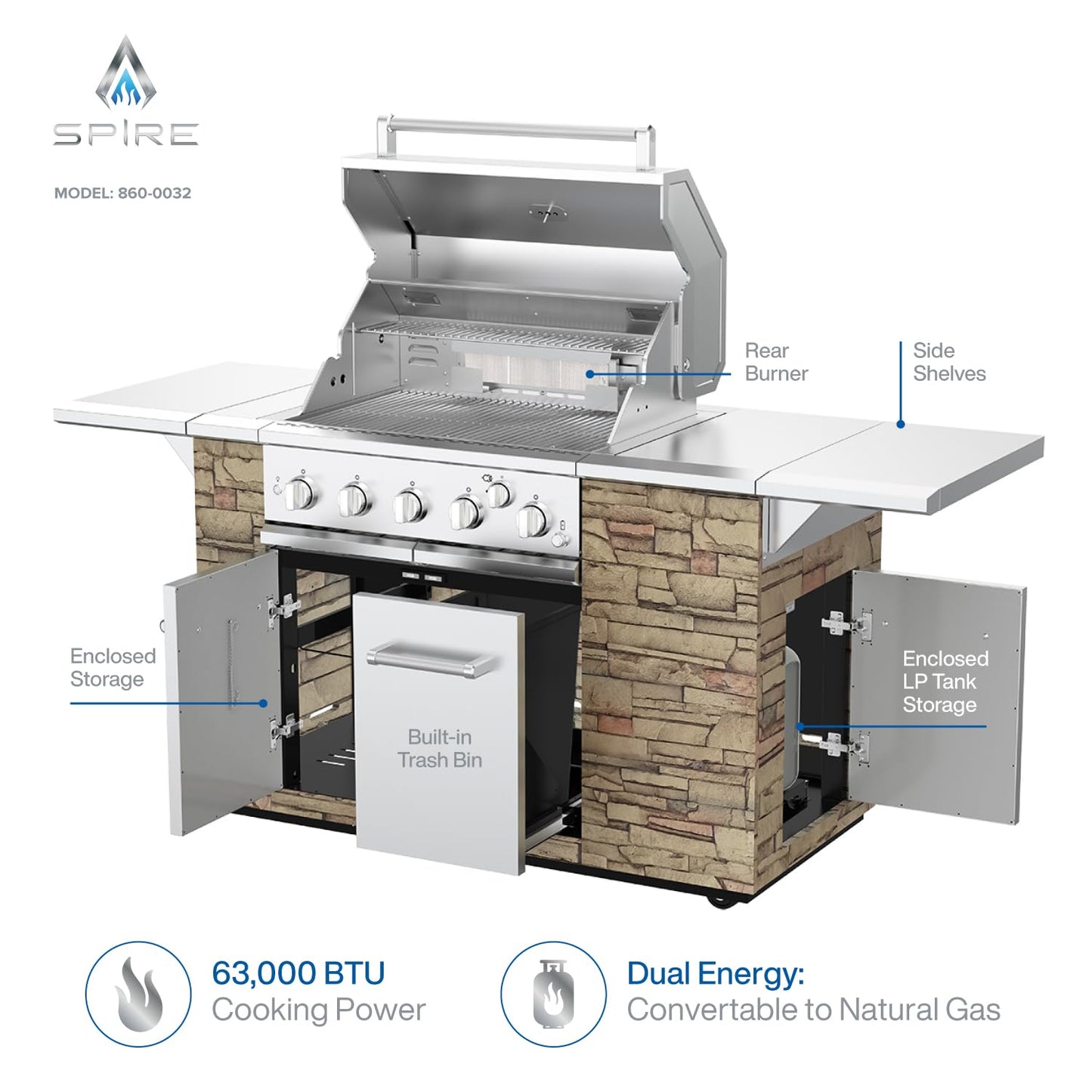 SPIRE Premium 5 Burner Built In Gas Grill Island Head, Stainless Steel 30 Inch Barbeque Grill with Rear Burner, 63,000 BTUs, 758 SQ In Racks, Propane Grill with Dual Fuel Compatibility – 860-0032 - CookCave