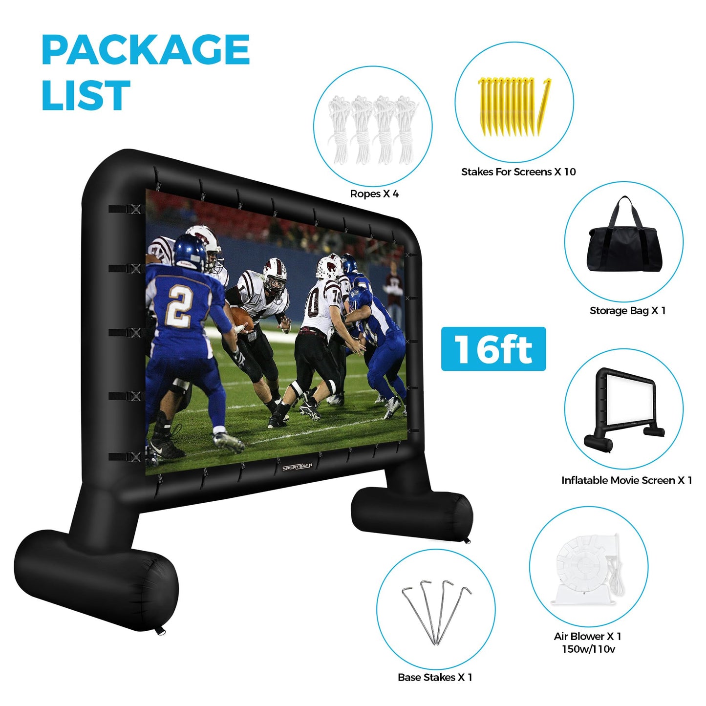 SPORTSWIN 16FT Inflatable Outdoor Movie Screen, Blow up Projector Screen Outdoor with Air Blower, Movie Screens for Backyard with one Piece Design, Front & Rear Projection, Easy Set up - CookCave