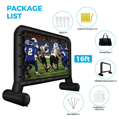 SPORTSWIN 16FT Inflatable Outdoor Movie Screen, Blow up Projector Screen Outdoor with Air Blower, Movie Screens for Backyard with one Piece Design, Front & Rear Projection, Easy Set up - CookCave