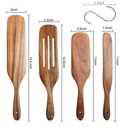 Spurtle Set, Natural Acacia Wooden Kitchen Utensils Set of 4, Wooden Spoons Utensils for Cooking, stirring, Mixing, Serving, spurtles kitchen tools as seen on tv for NonSick Cookware - CookCave