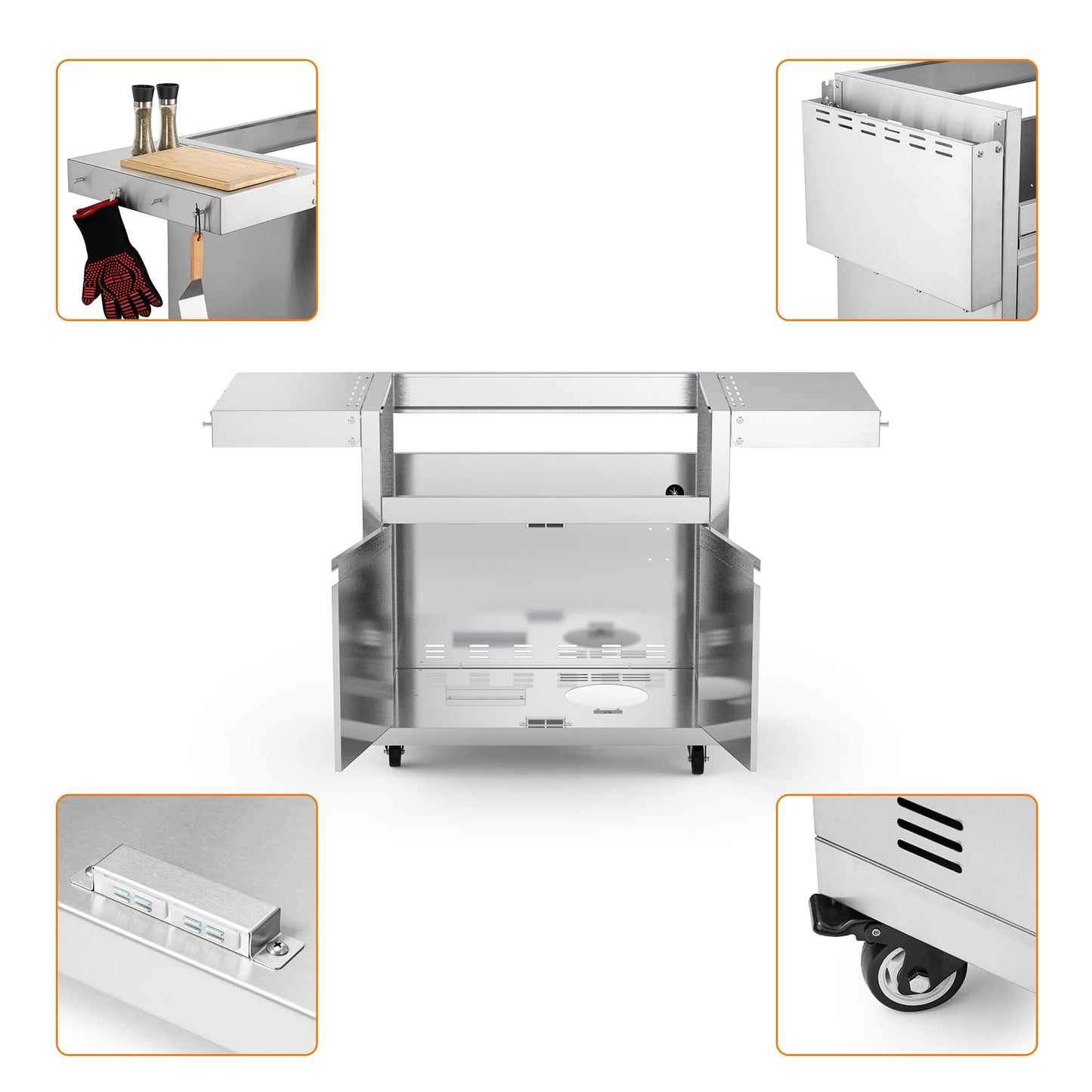 Stainless Steel Grill Cart for Hygrill 4-Burner Built-in Gas Grill, Outdoor Kitchen Island with Foldable Side Shelves and Storage Cabinet - CookCave