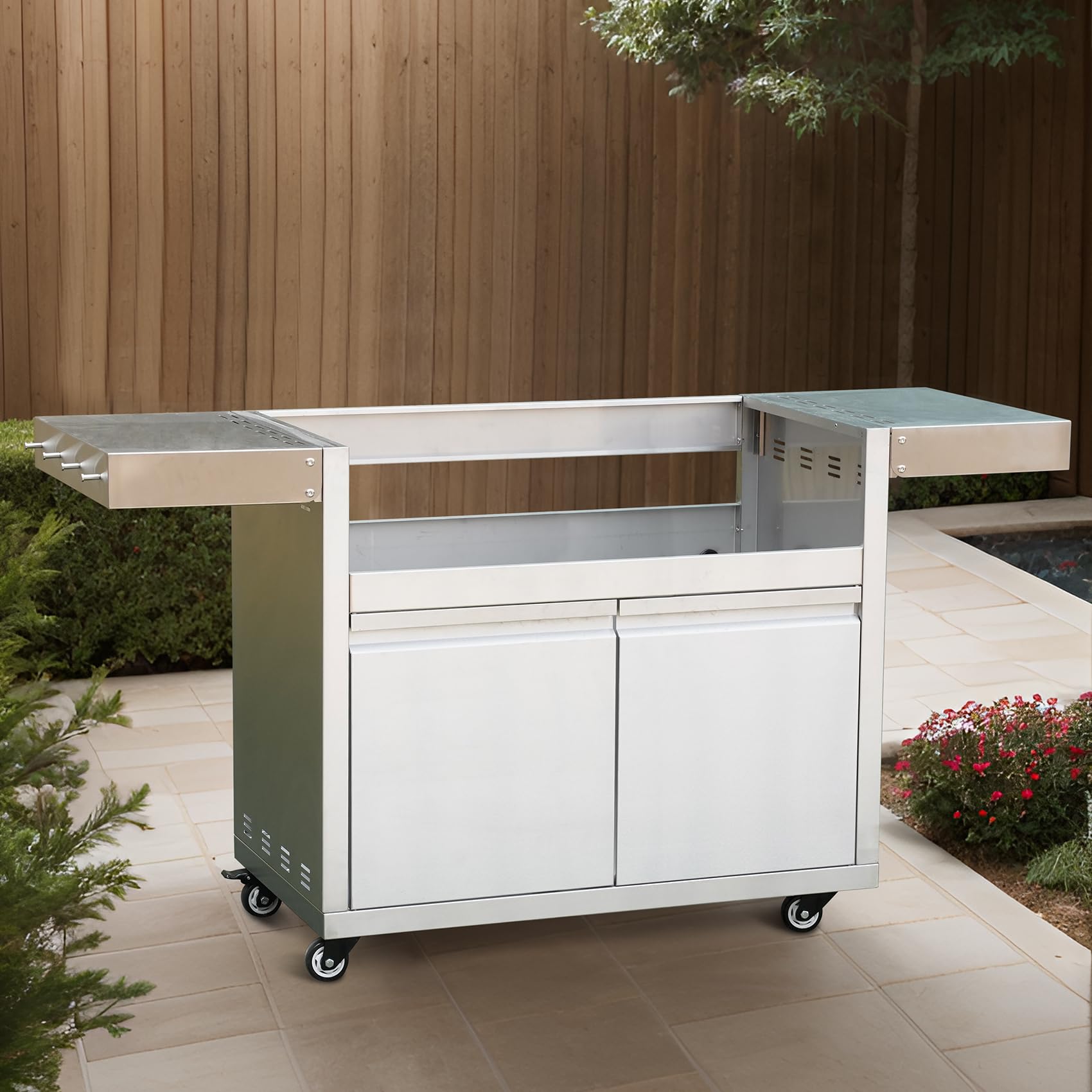 Stainless Steel Grill Cart for Hygrill 5-Burner Built-in Gas Grill, Outdoor Kitchen Island with Foldable Side Shelves and Storage Cabinet - CookCave