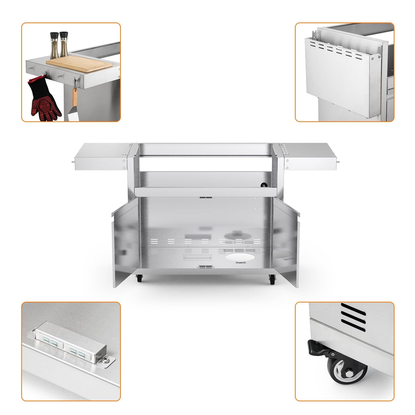 Stainless Steel Grill Cart for Hygrill 5-Burner Built-in Gas Grill, Outdoor Kitchen Island with Foldable Side Shelves and Storage Cabinet - CookCave