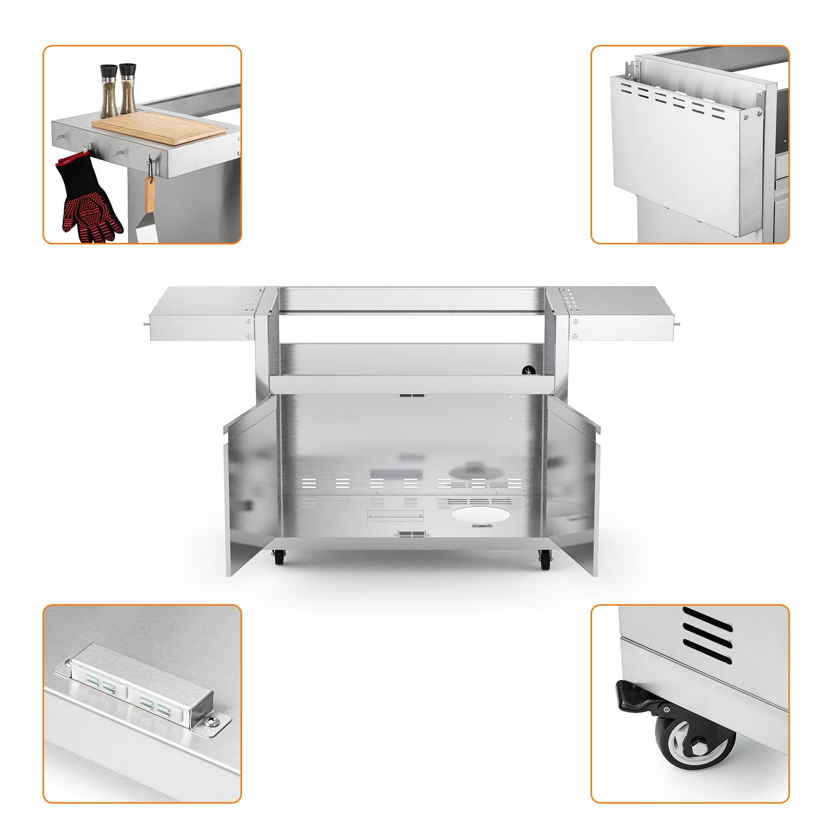 Stainless Steel Grill Cart for Hygrill 5-Burner Built-in Gas Grill, Outdoor Kitchen Island with Foldable Side Shelves and Storage Cabinet - CookCave