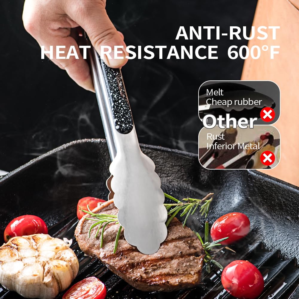 Stainless Steel Kitchen Cooking Tongs, 9" and 12" Set of 2 Sturdy Grilling Barbeque Brushed Locking Food Tongs with Ergonomic Grip, Black,tongs for cooking - CookCave