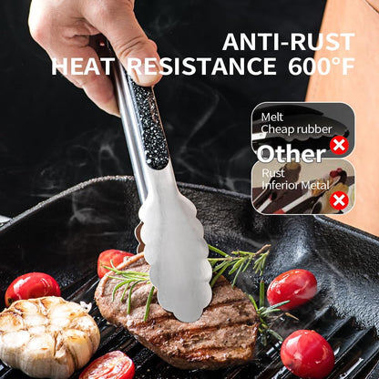 Stainless Steel Kitchen Cooking Tongs, 9" and 12" Set of 2 Sturdy Grilling Barbeque Brushed Locking Food Tongs with Ergonomic Grip, Black,tongs for cooking - CookCave