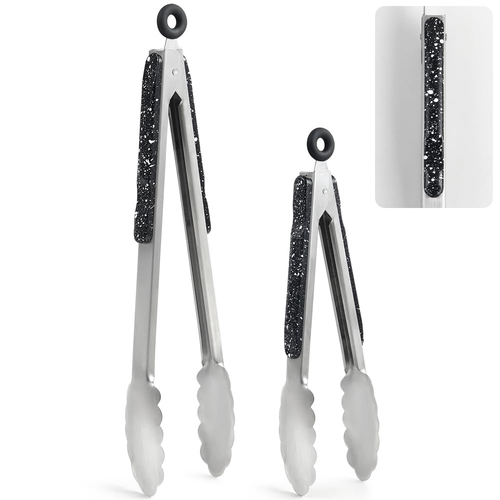 Stainless Steel Kitchen Cooking Tongs, 9" and 12" Set of 2 Sturdy Grilling Barbeque Brushed Locking Food Tongs with Ergonomic Grip, Black,tongs for cooking - CookCave