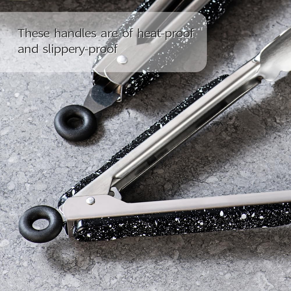 Stainless Steel Kitchen Cooking Tongs, 9" and 12" Set of 2 Sturdy Grilling Barbeque Brushed Locking Food Tongs with Ergonomic Grip, Black,tongs for cooking - CookCave