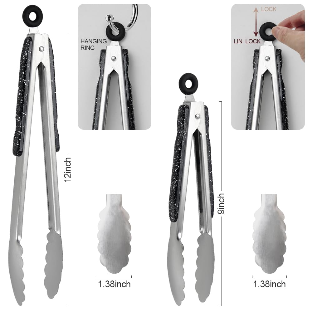 Stainless Steel Kitchen Cooking Tongs, 9" and 12" Set of 2 Sturdy Grilling Barbeque Brushed Locking Food Tongs with Ergonomic Grip, Black,tongs for cooking - CookCave