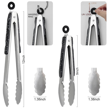 Stainless Steel Kitchen Cooking Tongs, 9" and 12" Set of 2 Sturdy Grilling Barbeque Brushed Locking Food Tongs with Ergonomic Grip, Black,tongs for cooking - CookCave