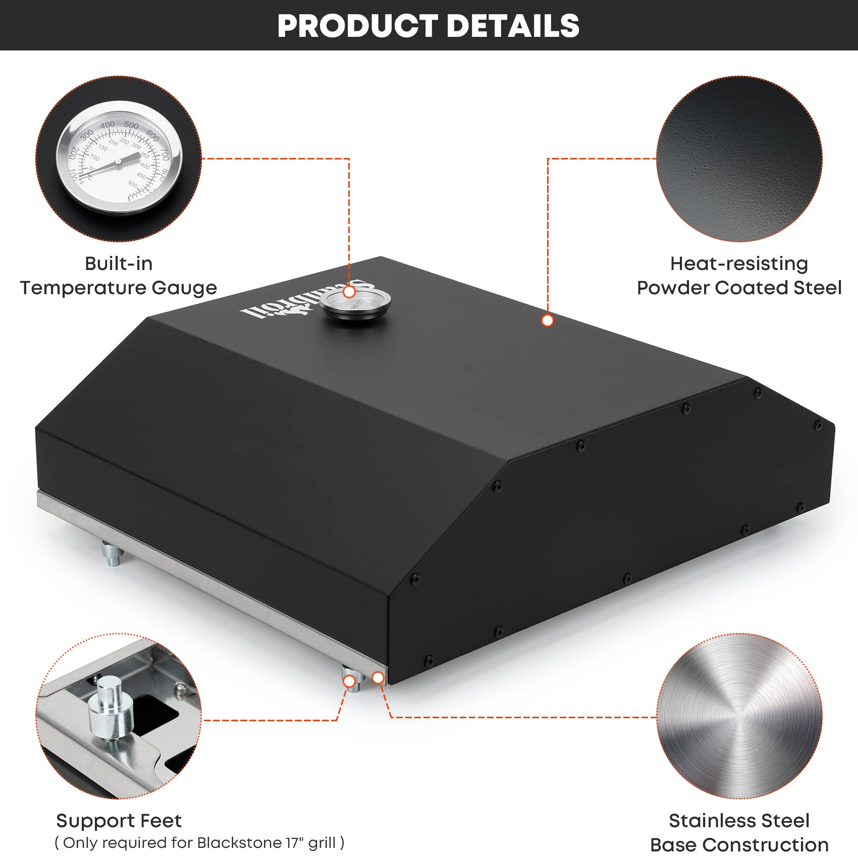Stanbroil Outdoor Pizza Oven for Blackstone 17" or 22" Tabletop Griddles, Portable Pizza Maker with 13" Pizza Stone and Temperature Gauge, Blackstone Flat Top Gas Grill Accessories - CookCave