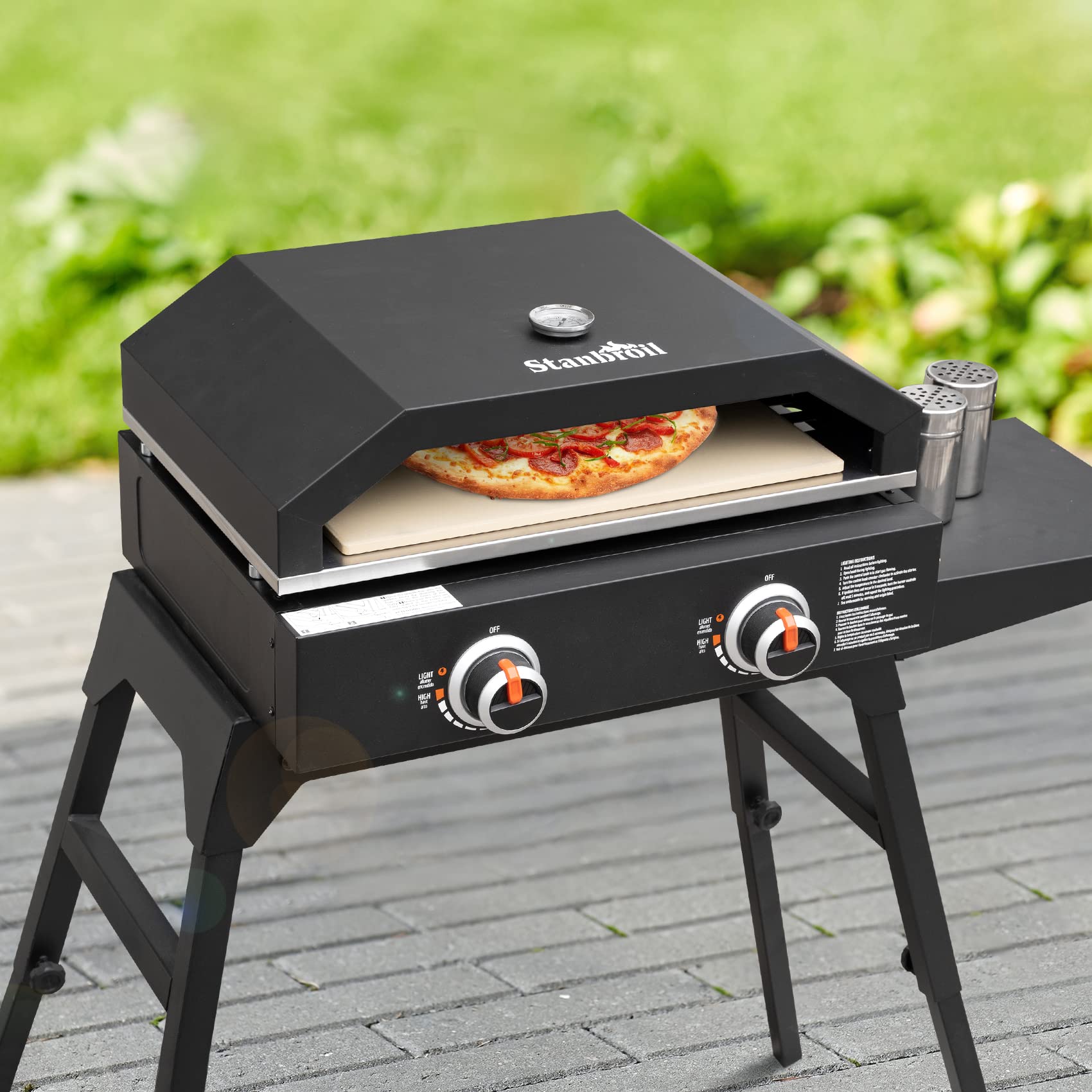 Stanbroil Outdoor Pizza Oven Pizza Maker for Blackstone 22", 28" Tabletop Griddles Cooking Station, Blackstone Flat Top Gas Grill Accessories with Temperature Gauge, 17.3 in. x 12 in. Pizza Stone - CookCave
