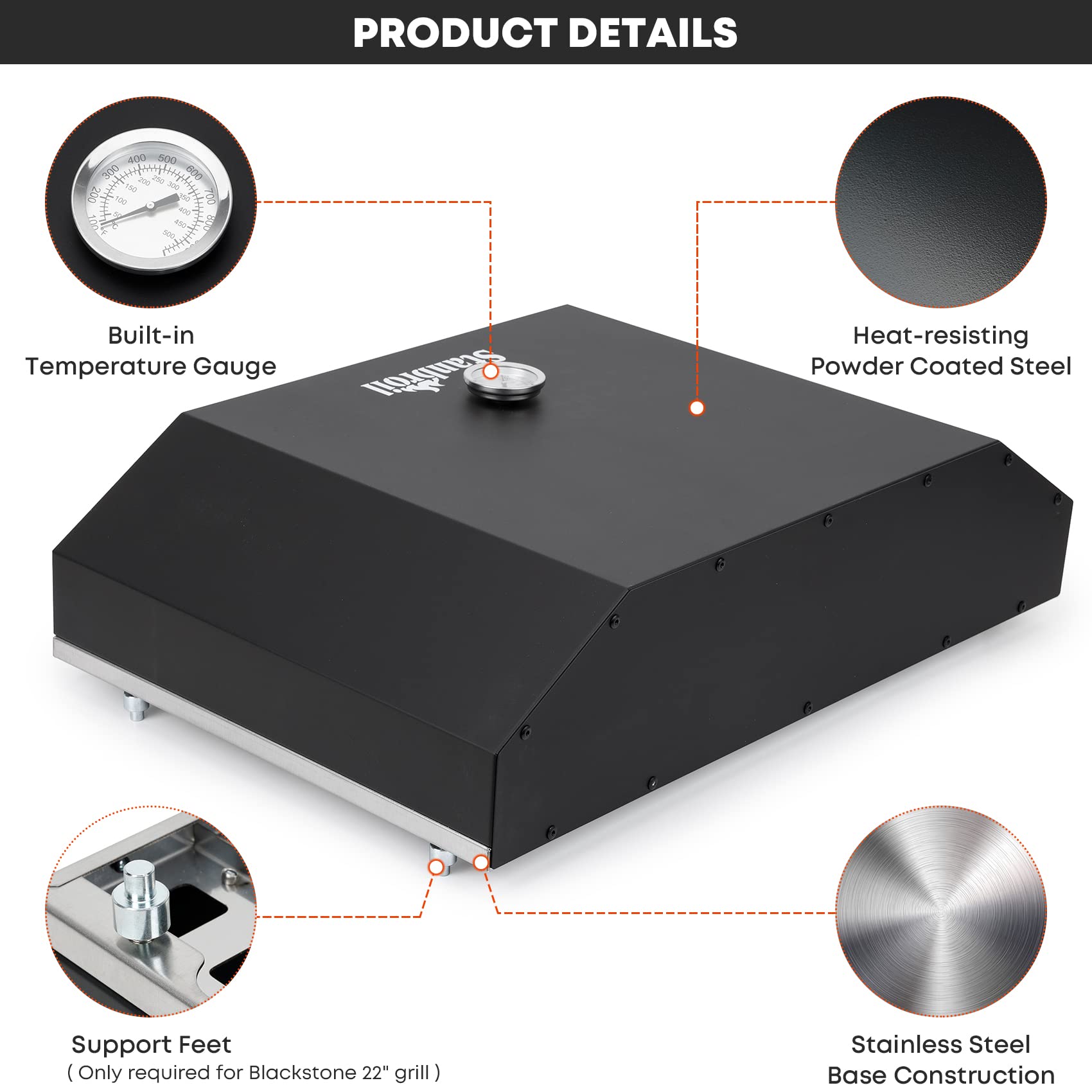 Stanbroil Outdoor Pizza Oven Pizza Maker for Blackstone 22", 28" Tabletop Griddles Cooking Station, Blackstone Flat Top Gas Grill Accessories with Temperature Gauge, 17.3 in. x 12 in. Pizza Stone - CookCave