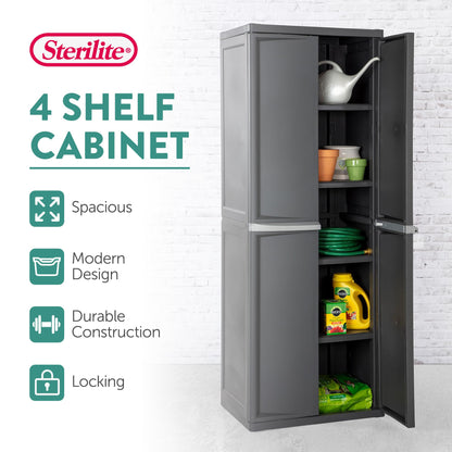 Sterilite 4 Shelf Cabinet, Lockable Utility Storage w/ Adjustable Shelves, Gray - Plastic Shelving Unit for Organizing Garage, Pantry, Basement, Laundry Room or Mudroom - CookCave