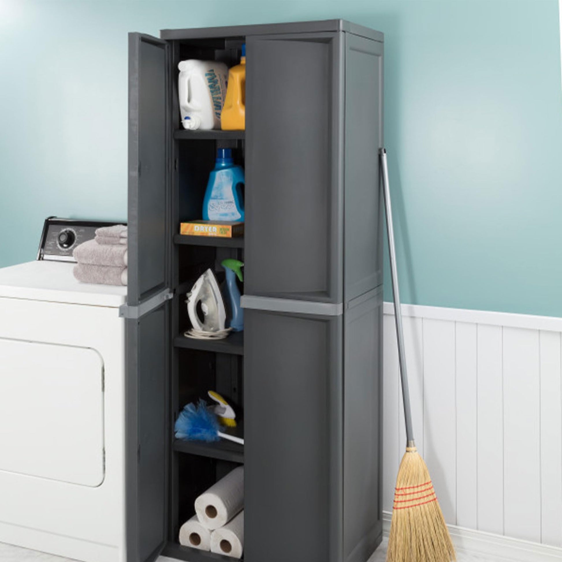 Sterilite 4 Shelf Cabinet, Lockable Utility Storage w/ Adjustable Shelves, Gray - Plastic Shelving Unit for Organizing Garage, Pantry, Basement, Laundry Room or Mudroom - CookCave