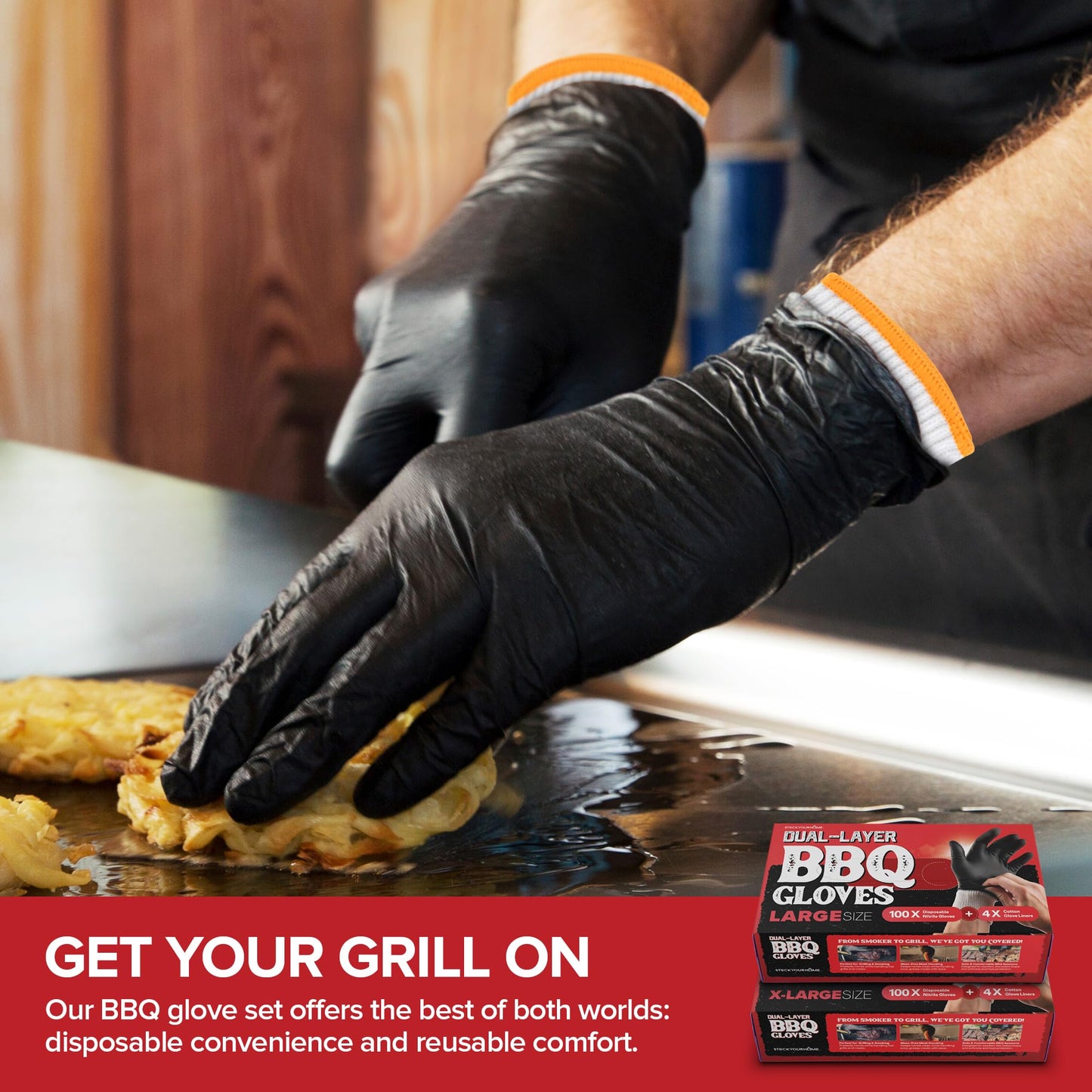 Stock Your Home BBQ Grilling Gloves Kit (Large) – 100 Nitrile Disposable Gloves & 4 Cotton Liners, Heat-Resistant & Waterproof for Cooking, Smoking Meat & Cleaning - CookCave