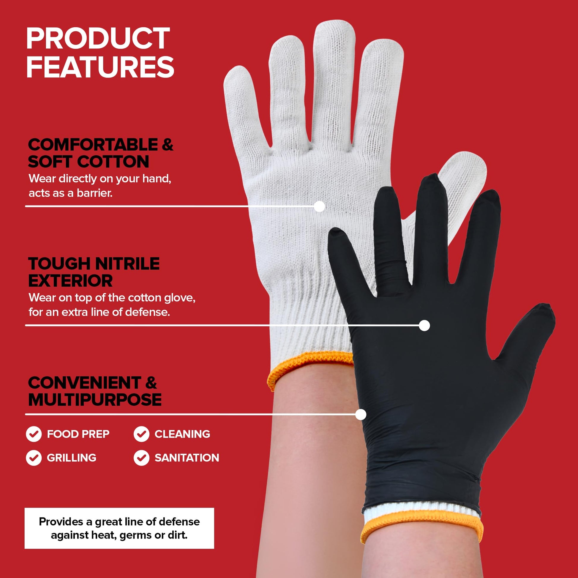 Stock Your Home BBQ Grilling Gloves Kit (Large) – 100 Nitrile Disposable Gloves & 4 Cotton Liners, Heat-Resistant & Waterproof for Cooking, Smoking Meat & Cleaning - CookCave