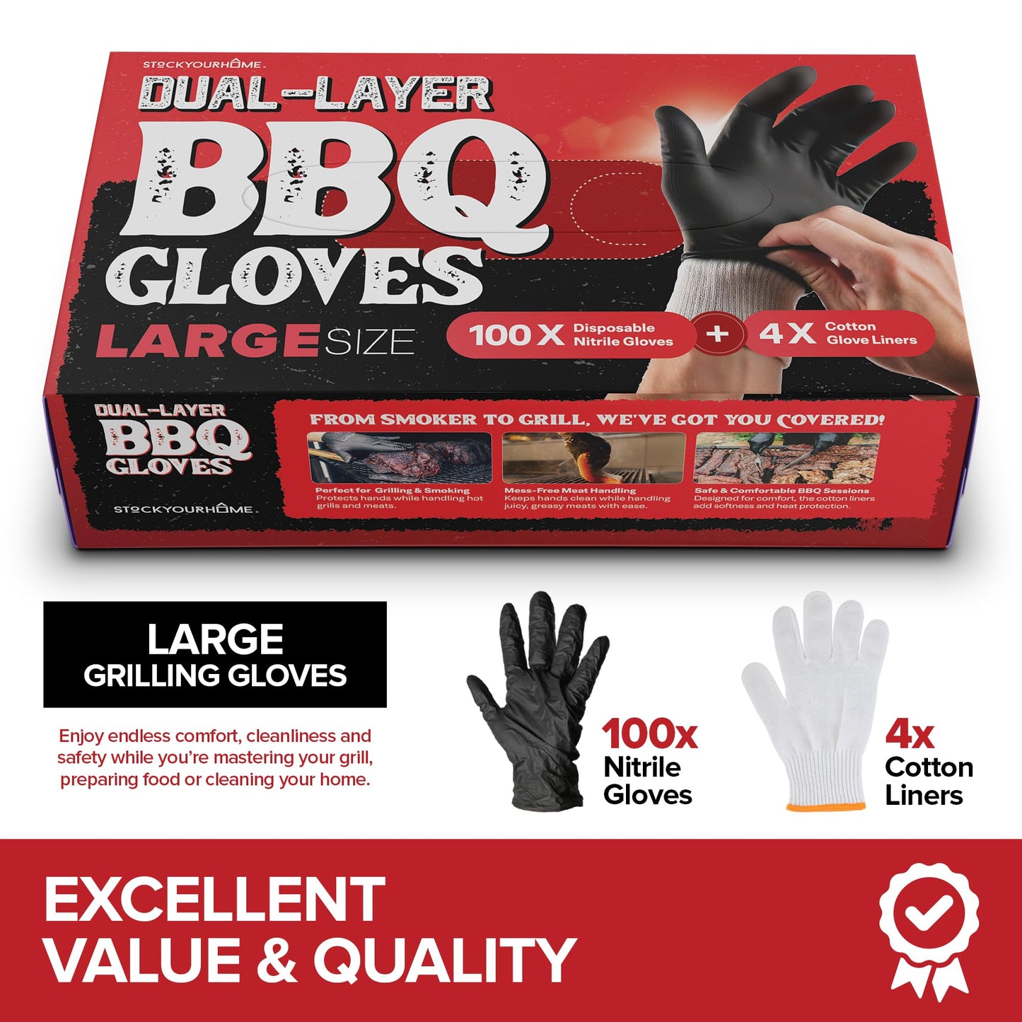 Stock Your Home BBQ Grilling Gloves Kit (Large) – 100 Nitrile Disposable Gloves & 4 Cotton Liners, Heat-Resistant & Waterproof for Cooking, Smoking Meat & Cleaning - CookCave