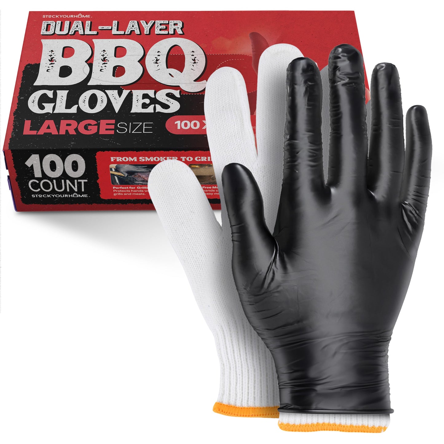 Stock Your Home BBQ Grilling Gloves Kit (Large) – 100 Nitrile Disposable Gloves & 4 Cotton Liners, Heat-Resistant & Waterproof for Cooking, Smoking Meat & Cleaning - CookCave