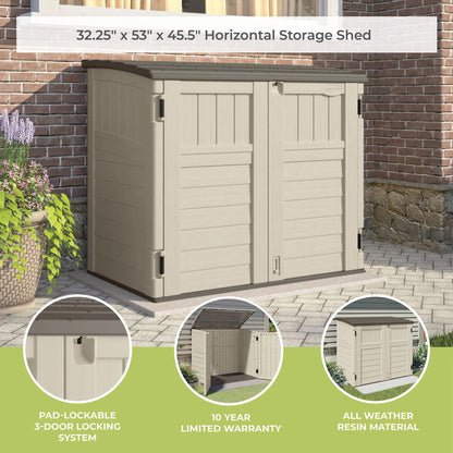 Suncast 34 Cu Ft Capacity Horizontal Outdoor Storage Shed for Garbage Cans, Garden Accessories, Backyard, and Patio Use, Vanilla - CookCave