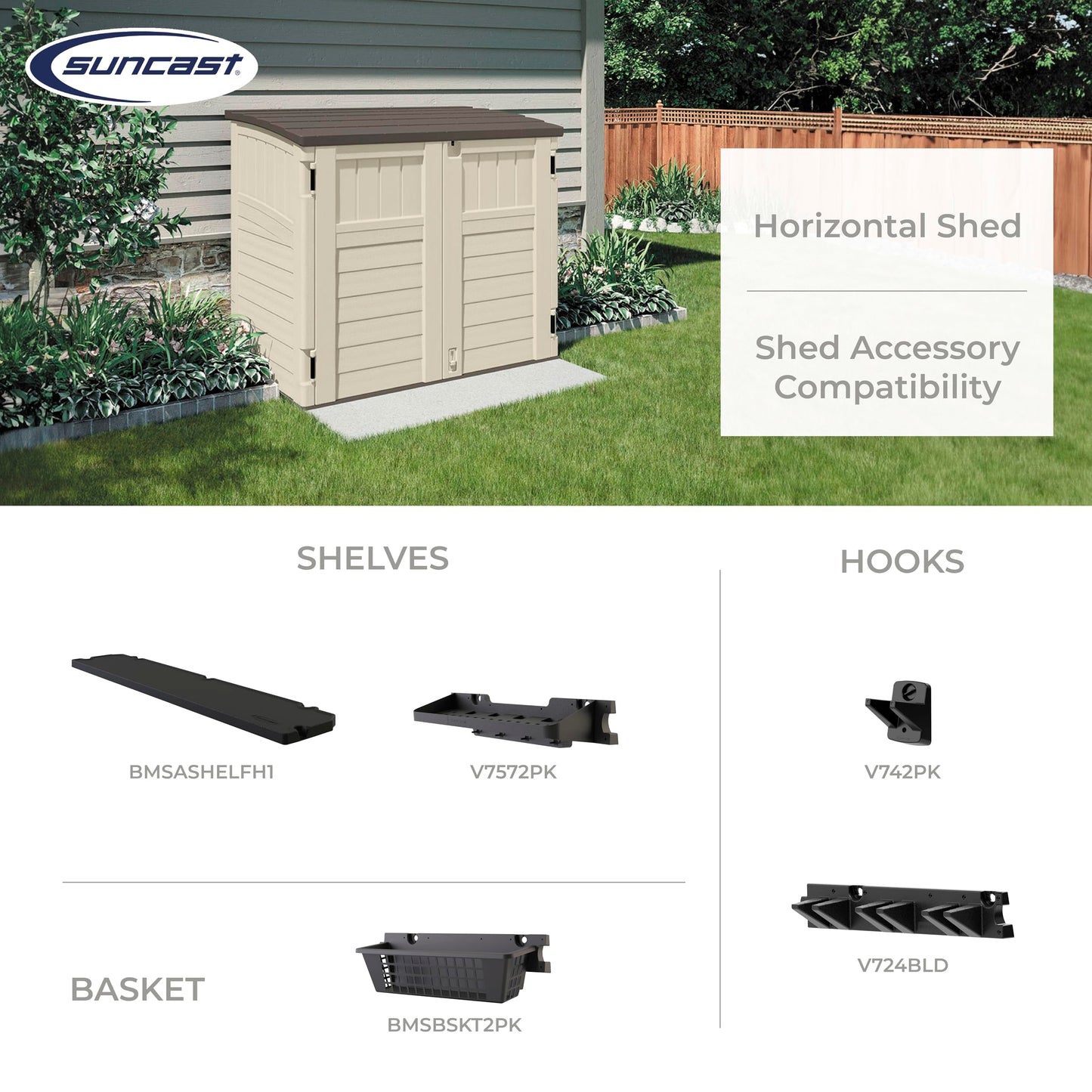 Suncast 34 Cu Ft Capacity Horizontal Outdoor Storage Shed for Garbage Cans, Garden Accessories, Backyard, and Patio Use, Vanilla - CookCave