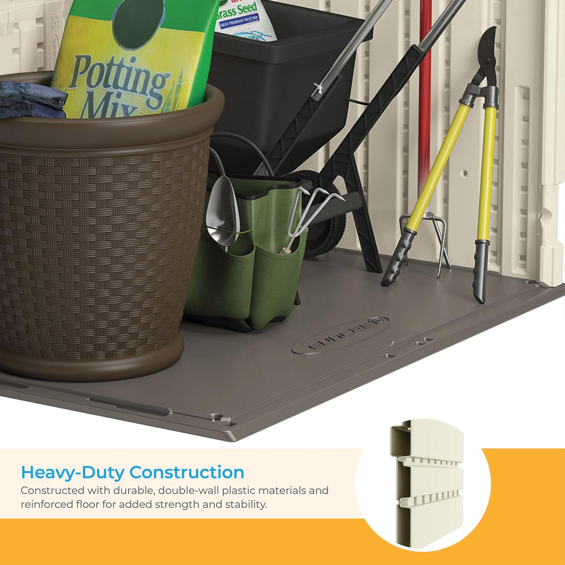 Suncast 34 Cu Ft Capacity Horizontal Outdoor Storage Shed for Garbage Cans, Garden Accessories, Backyard, and Patio Use, Vanilla - CookCave