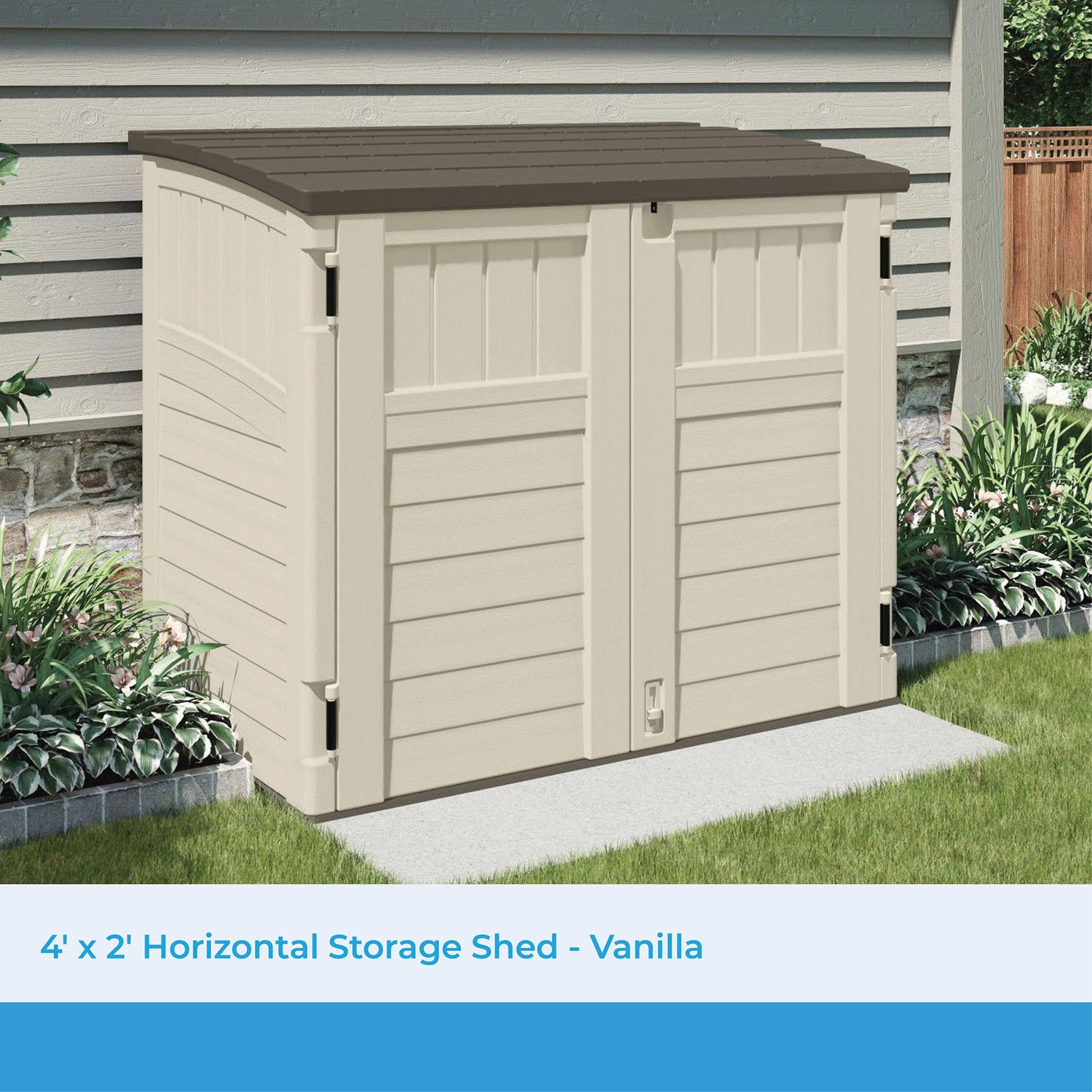 Suncast 34 Cu Ft Capacity Horizontal Outdoor Storage Shed for Garbage Cans, Garden Accessories, Backyard, and Patio Use, Vanilla - CookCave