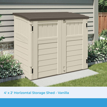 Suncast 34 Cu Ft Capacity Horizontal Outdoor Storage Shed for Garbage Cans, Garden Accessories, Backyard, and Patio Use, Vanilla - CookCave