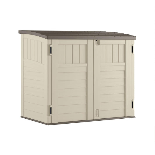 Suncast 34 Cu Ft Capacity Horizontal Outdoor Storage Shed for Garbage Cans, Garden Accessories, Backyard, and Patio Use, Vanilla - CookCave