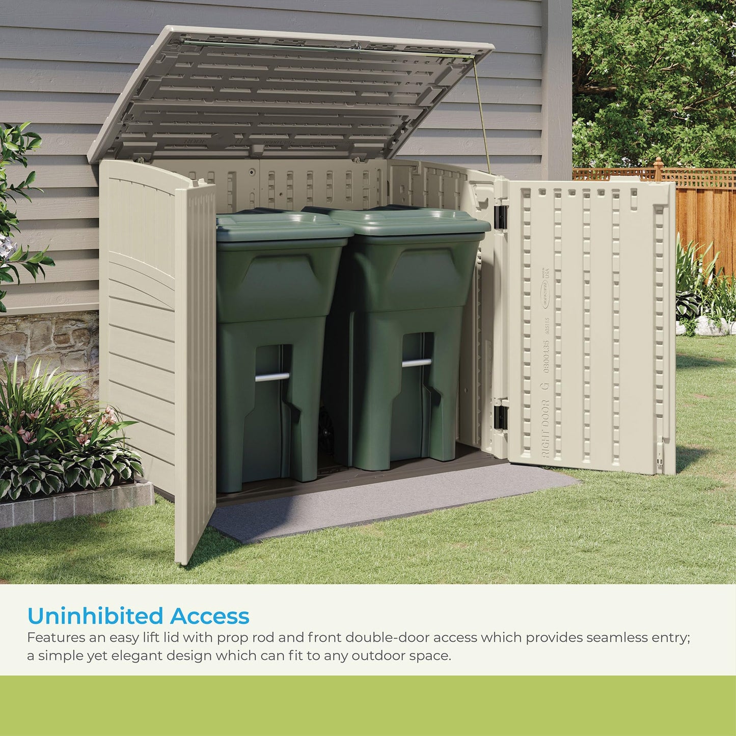 Suncast 34 Cu Ft Capacity Horizontal Outdoor Storage Shed for Garbage Cans, Garden Accessories, Backyard, and Patio Use, Vanilla - CookCave