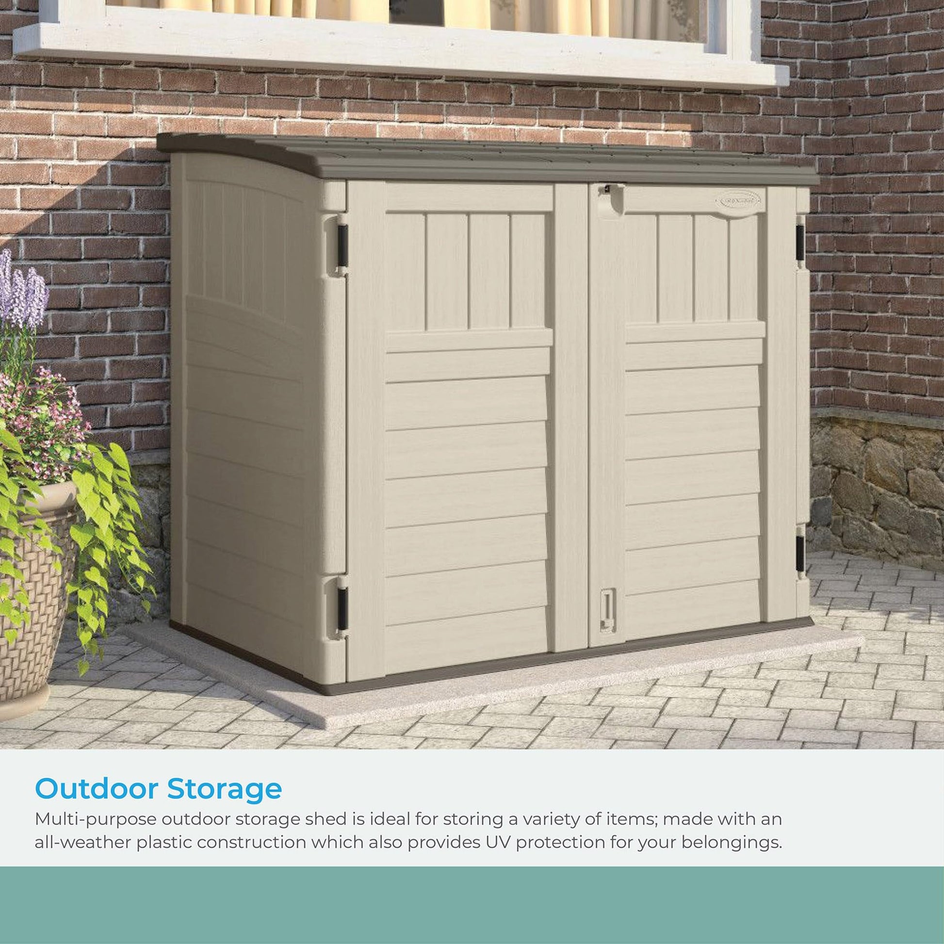 Suncast 34 Cu Ft Capacity Horizontal Outdoor Storage Shed for Garbage Cans, Garden Accessories, Backyard, and Patio Use, Vanilla - CookCave
