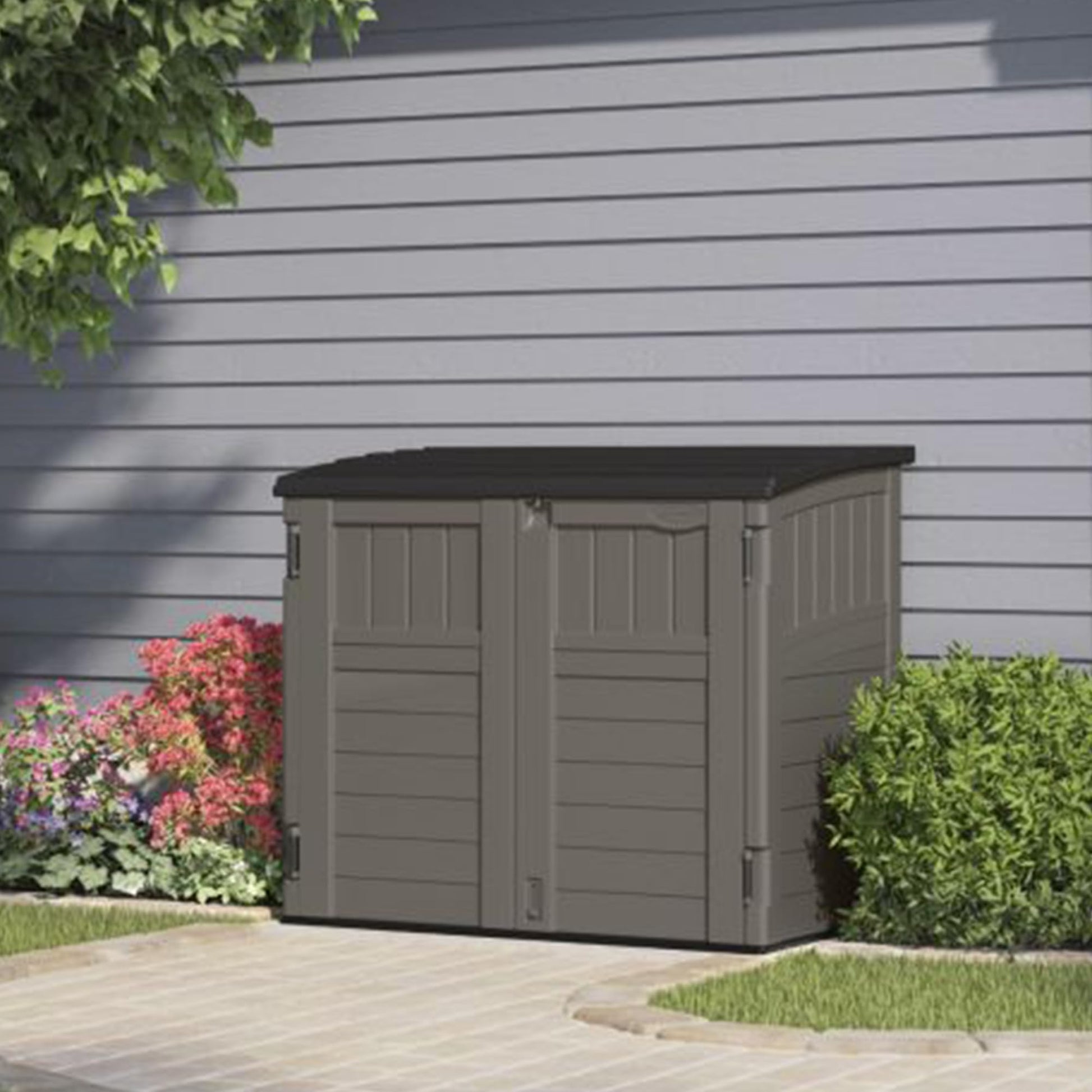 Suncast 34 Cu. Ft. Horizontal Shed for Outdoor Storage w/Locking System, Stoney/Black - CookCave