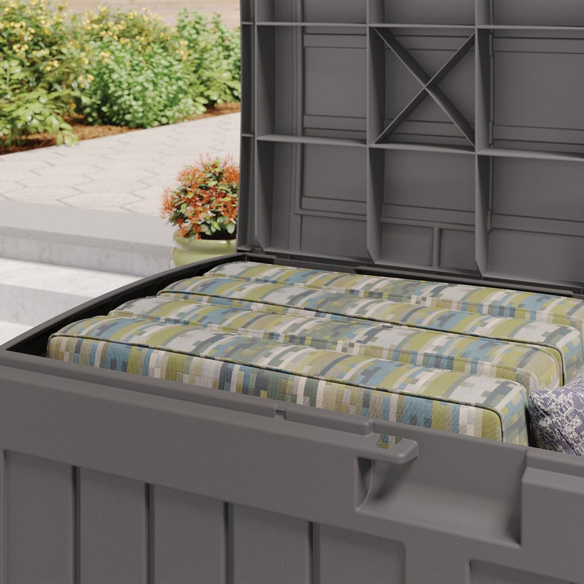 Suncast 50 Gallon Plastic Deck Box with Molded Lockable Feature and Weathertight Construction for Home, Patio, Lawn, and Garden Storage, Gray - CookCave