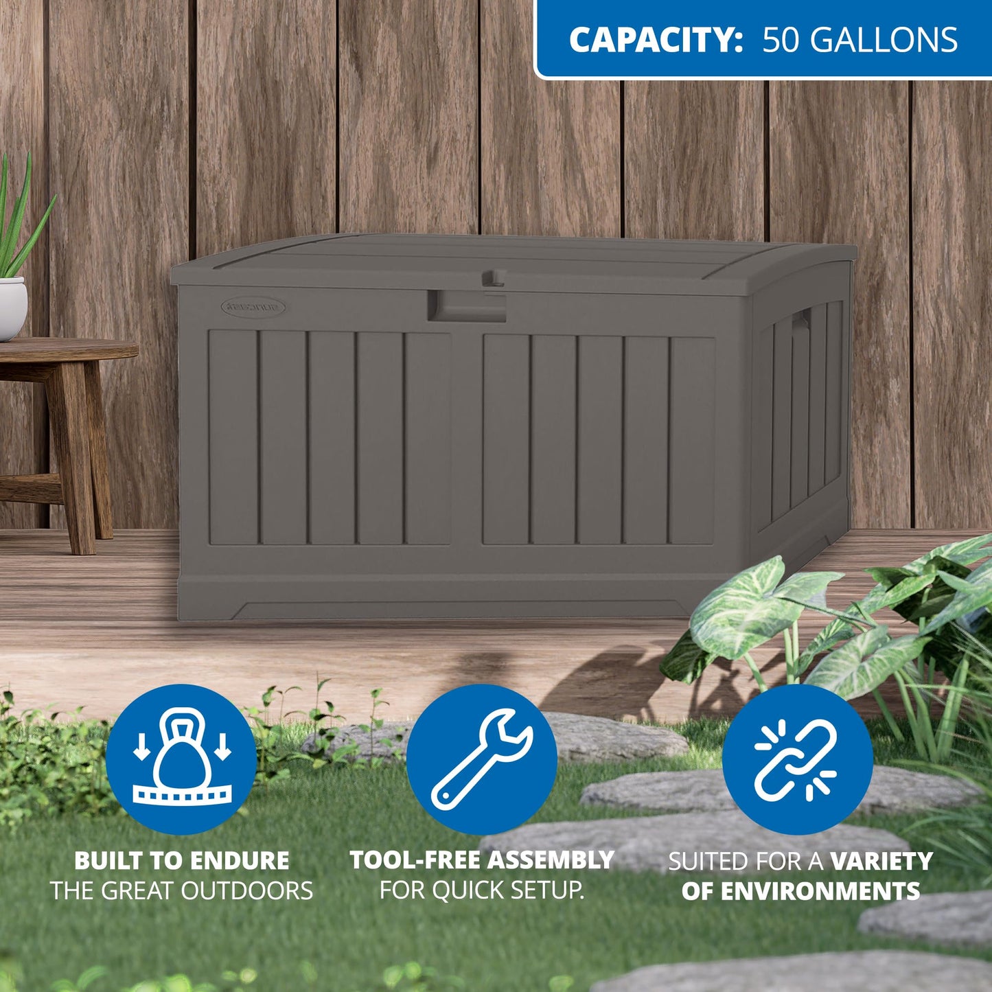 Suncast 50 Gallon Plastic Deck Box with Molded Lockable Feature and Weathertight Construction for Home, Patio, Lawn, and Garden Storage, Gray - CookCave