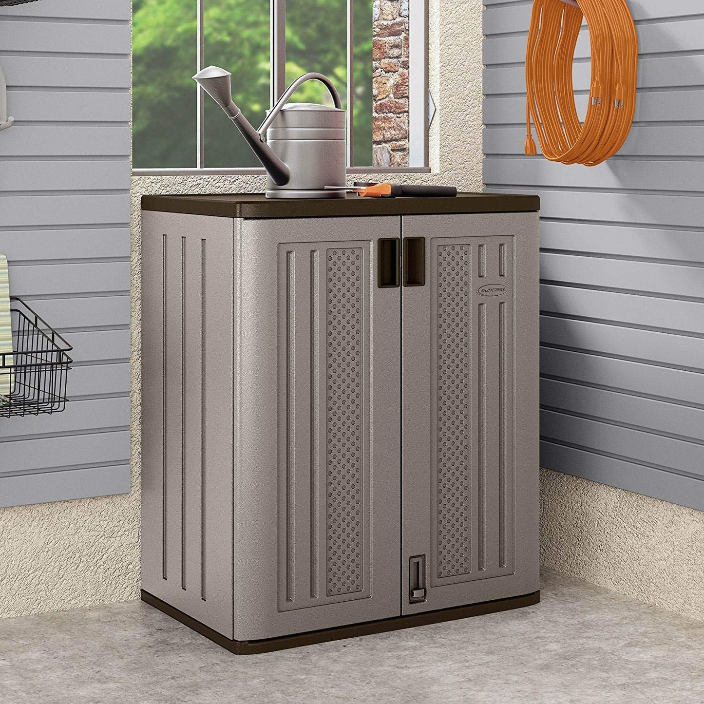 Suncast 9 Cu. Ft. Base Storage Cabinet, Resin Garage Organizer, Platinum Metallic/Slate - CookCave