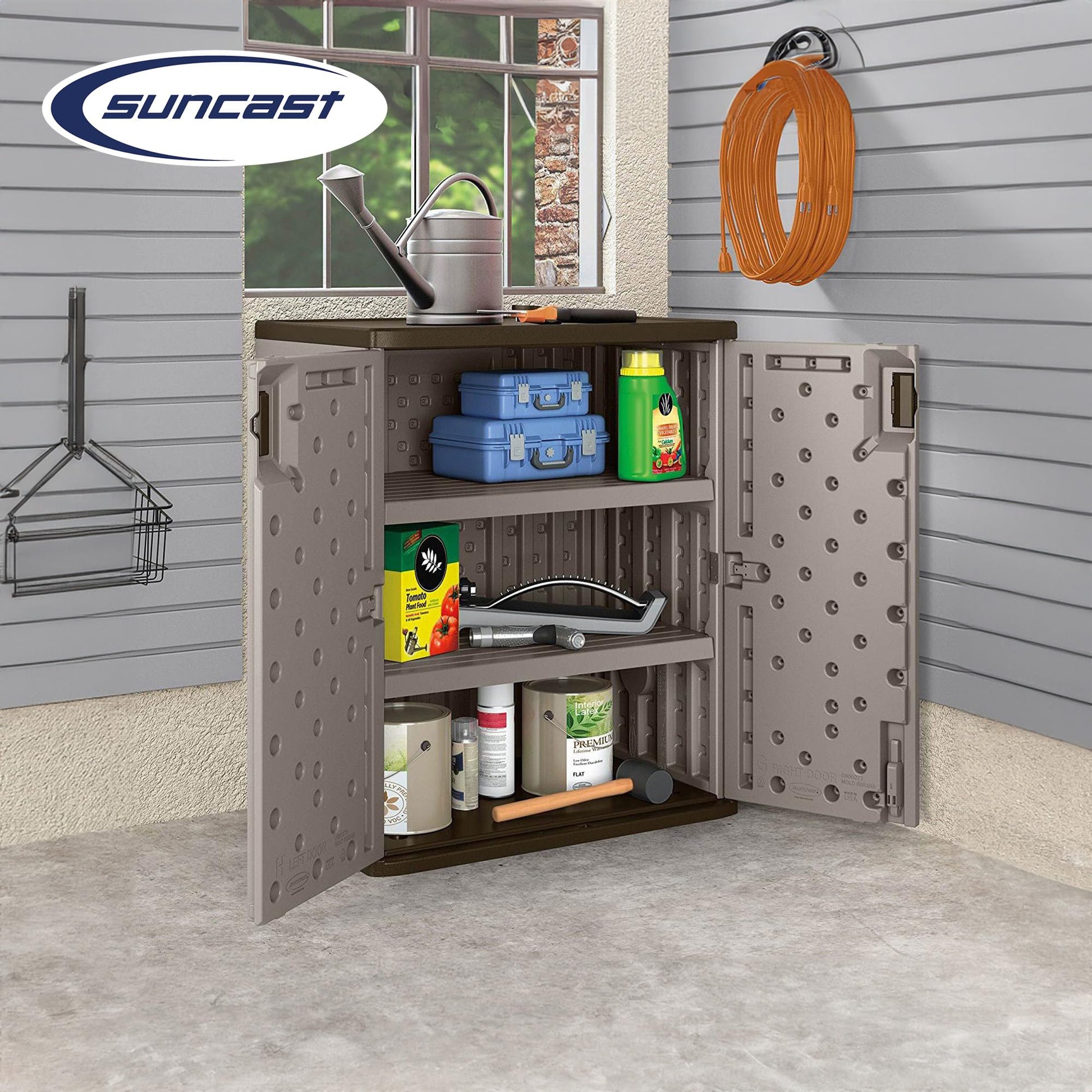 Suncast 9 Cu. Ft. Base Storage Cabinet, Resin Garage Organizer, Platinum Metallic/Slate - CookCave