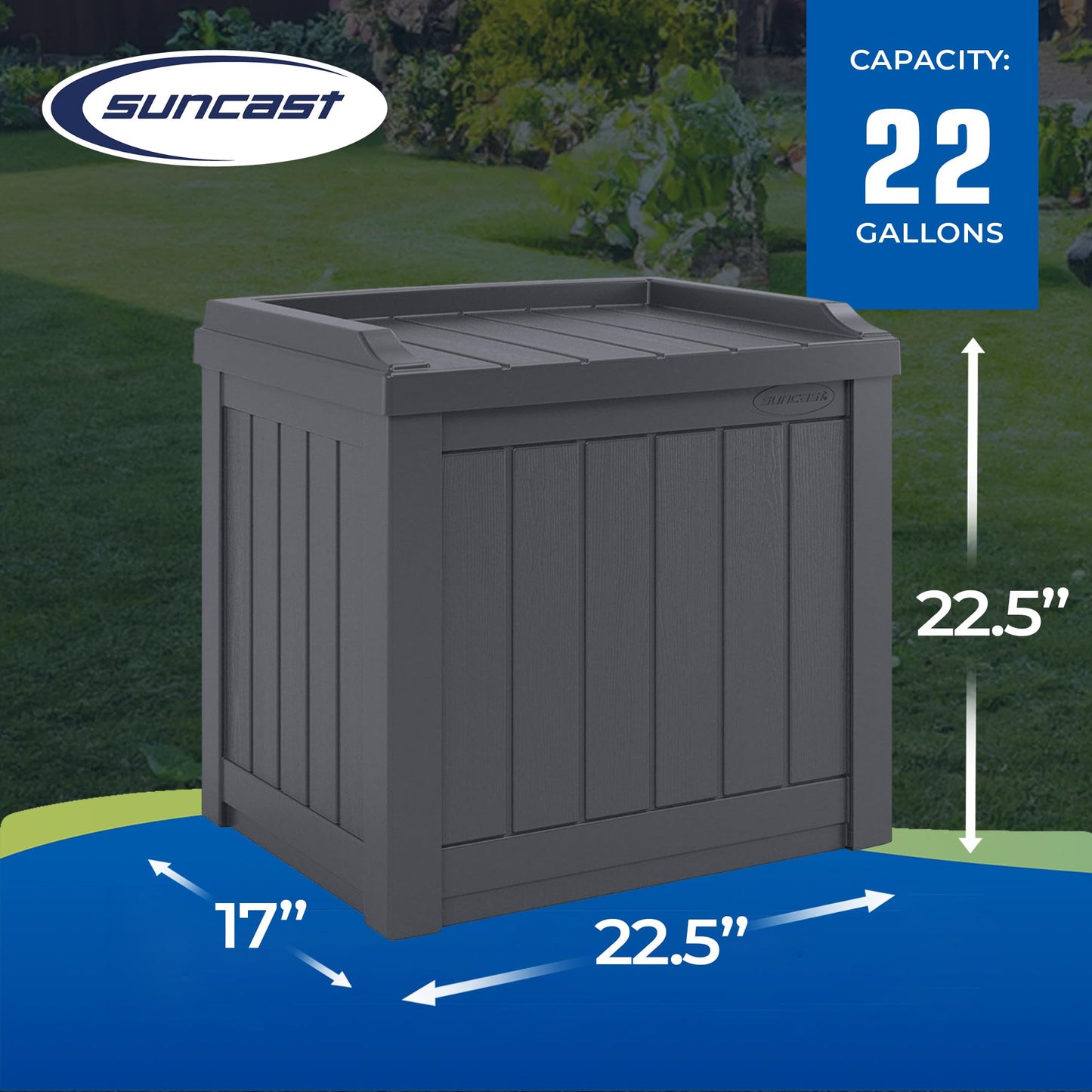 Suncast Small Deck Box Storage w/Bench Seat for Indoor & Outdoor Use, 22 Gal., Cyberspace - CookCave